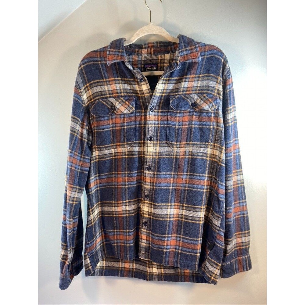 PATAGONIA MENS MED LONG SLEEVE PLAID BUTTON UP SHIRT ORGANIC COTTON BLUE